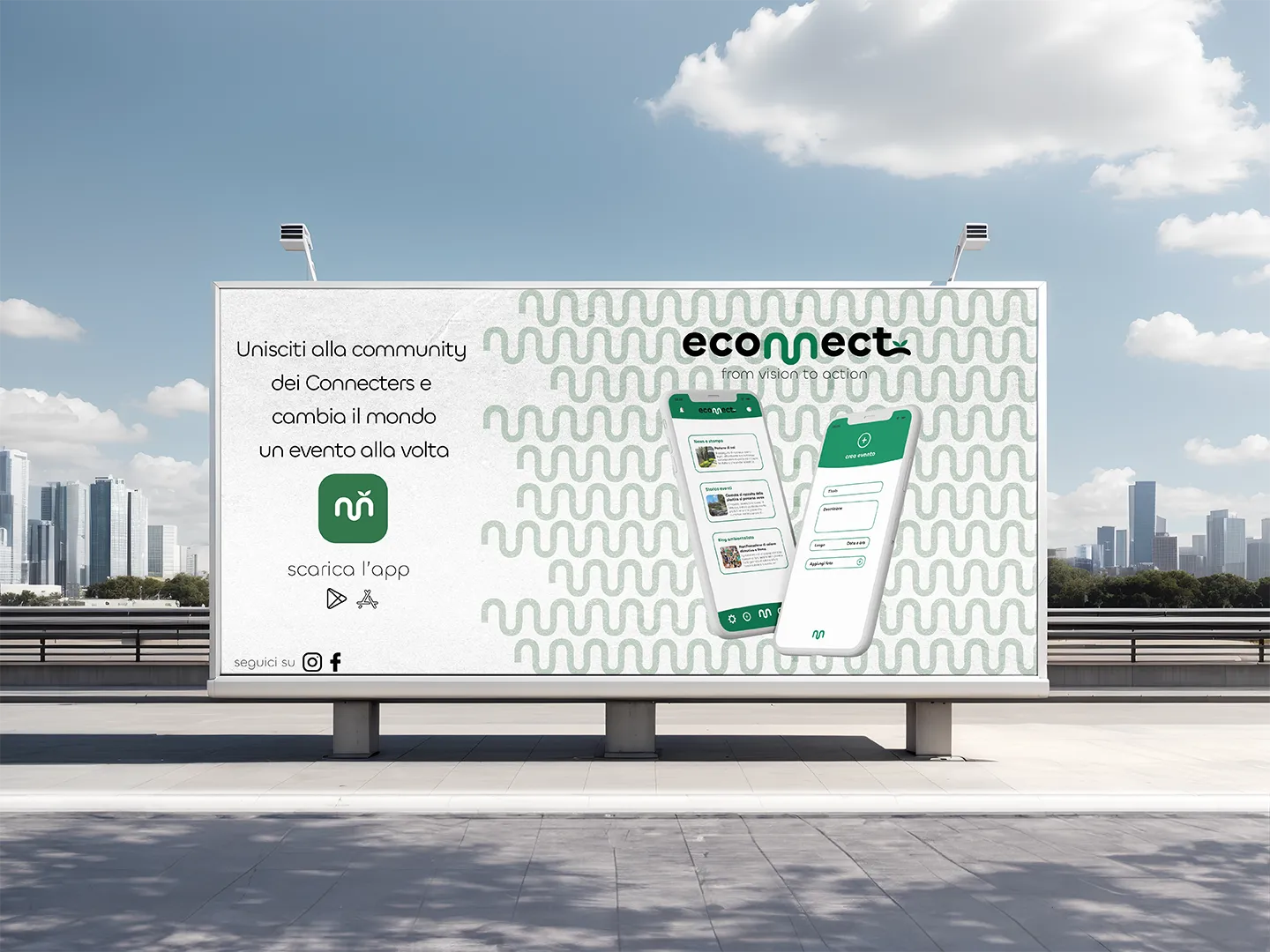 Vista ampia 2 di Econnect - Mockup di un cartellone pubblicitario per econnect, con poster dell’app, smartphone, pattern grafico e call-to-action: 'Unisciti alla community dei Connecters e cambia il mondo un evento alla volta'.