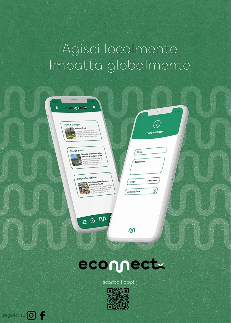 Immagine di copertina per Econnect - Poster pubblicitario per l’app econnect, raffigurante uno smartphone con l’app aperta, un QR code per il download, un pattern grafico di sfondo e la call-to-action: 'Agisci localmente, impatta globalmente'.