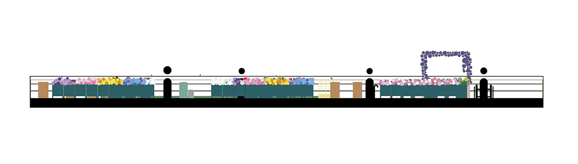 Vista ampia 1 di Verde³ - Prospetto laterale stilizzato del giardino con vasi, sedie, pergola, voliera e persone.