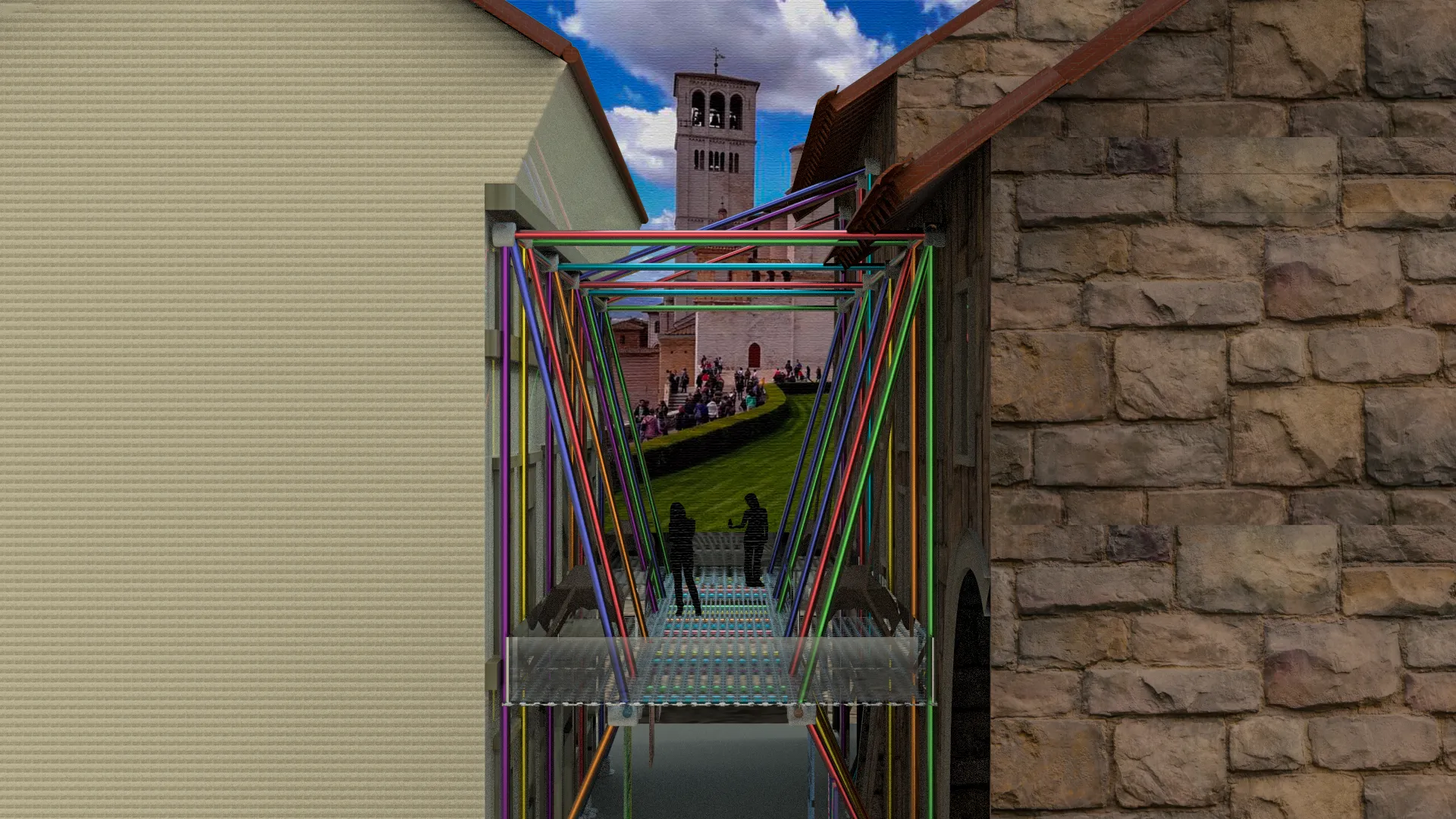 Vista dettaglio 1 di Opere provvisionali - Render dell’impalcatura tra Palazzo Bernabei e il palazzo di fronte, con terrazza panoramica sulla Basilica di Assisi.