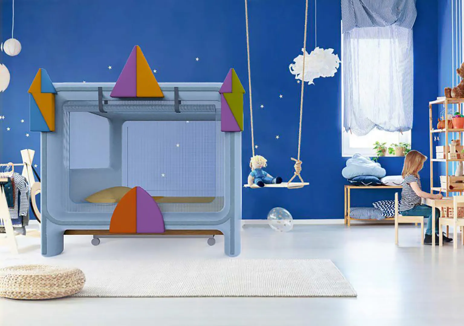 Vista dettaglio 1 di Safegram - Render dell’abitacolo gonfiabile modulare ispirato al tangram, in una cameretta per bambini.