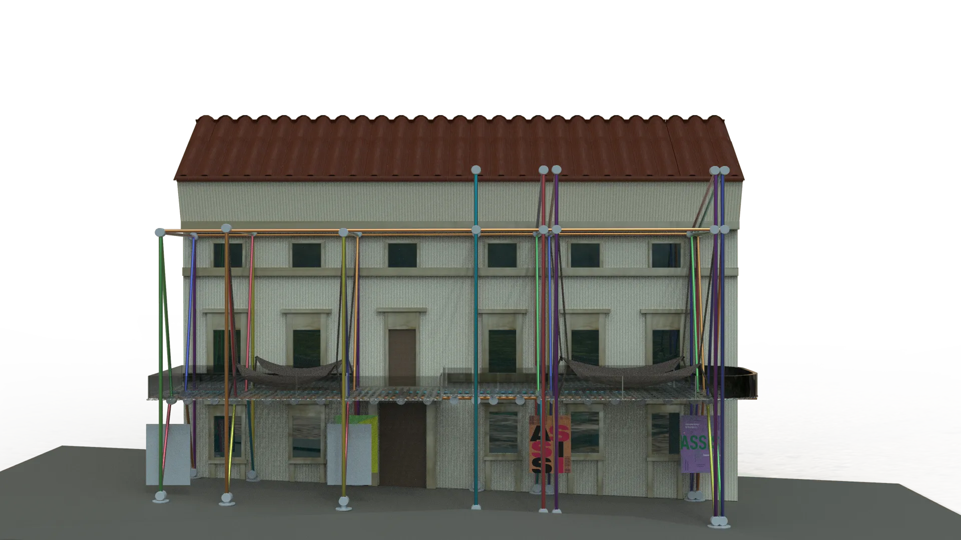 Vista ampia 1 di Opere provvisionali - Render frontale di Palazzo Bernabei con impalcatura e poster appesi sotto.