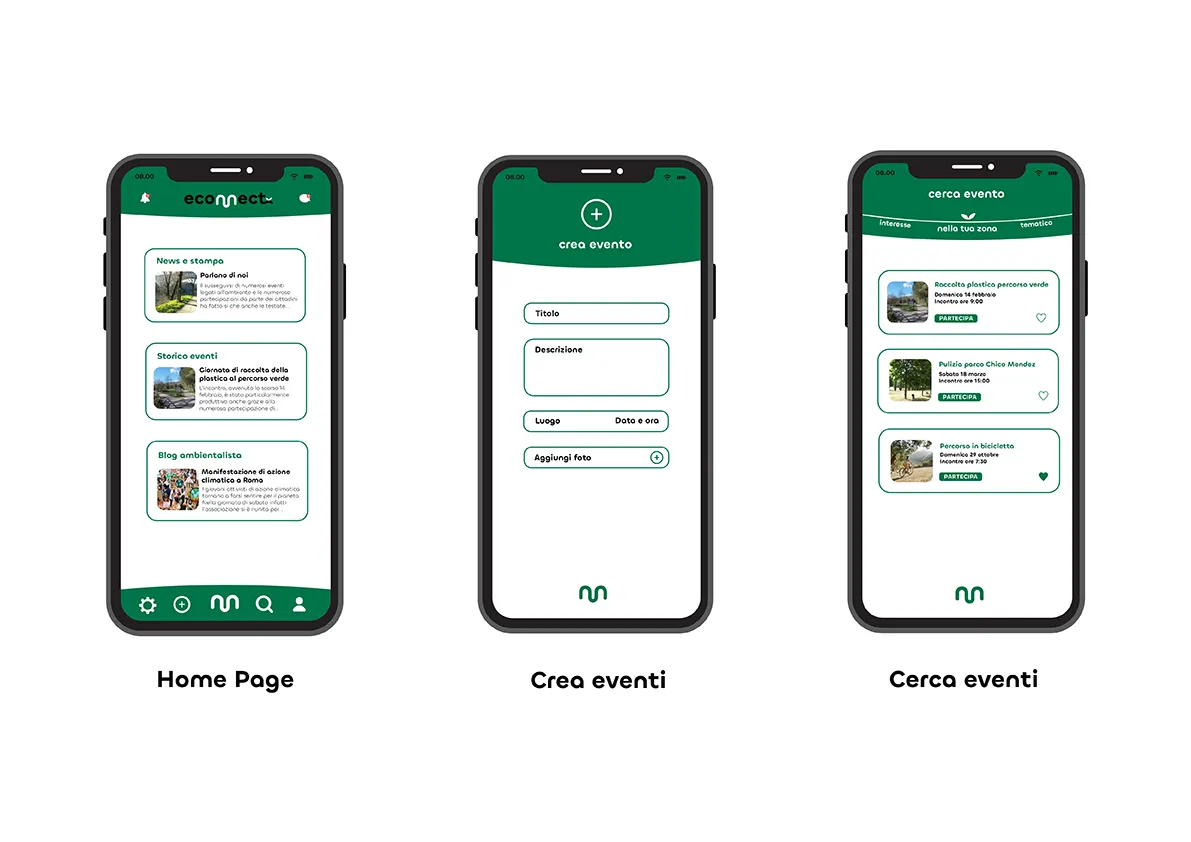 Vista dettaglio 1 di Econnect - Schermate dell’applicazione econnect, mostrando l'homepage, la funzione “Crea eventi” e la funzione 'Cerca eventi'.