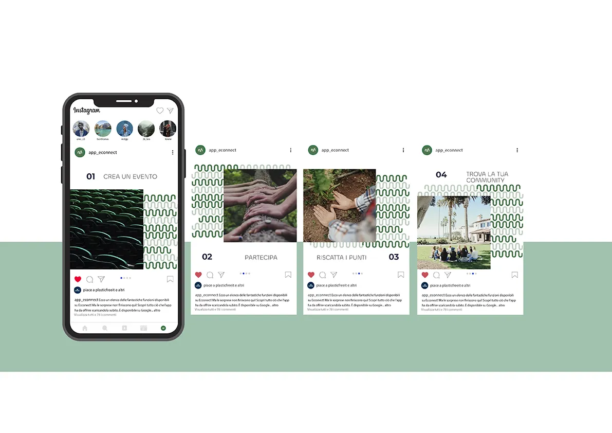 Vista ampia 1 di Econnect - Carosello Instagram dell’app econnect, che illustra i punti principali e le funzionalità chiave dell’app.