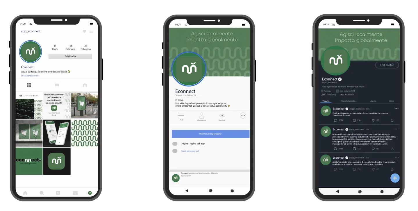Vista dettaglio 2 di Econnect - Schermate social dell’app econnect su Instagram, Facebook e X.